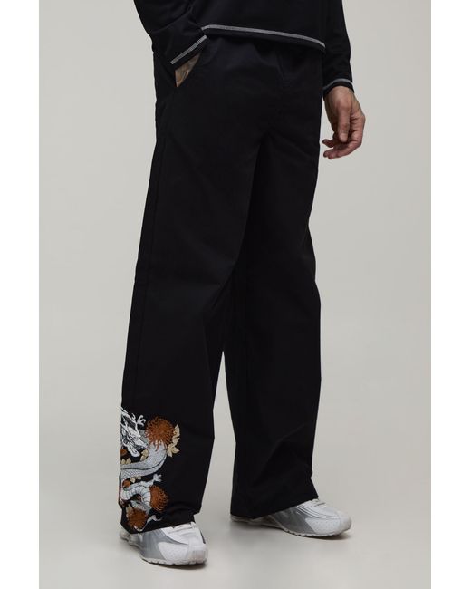 BoohooMAN Black Tall Baggy Fit Dragon Embroidery Elasticated Pants for men