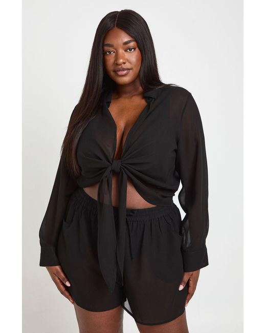 Boohoo Black Plus Chiffon Tie Front Shirt