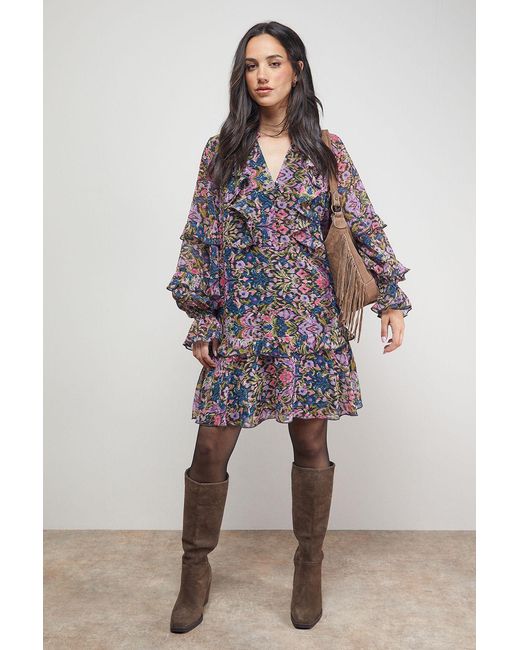 Oasis Multicolor Printed Boho Ruffle Button Down Mini Dress