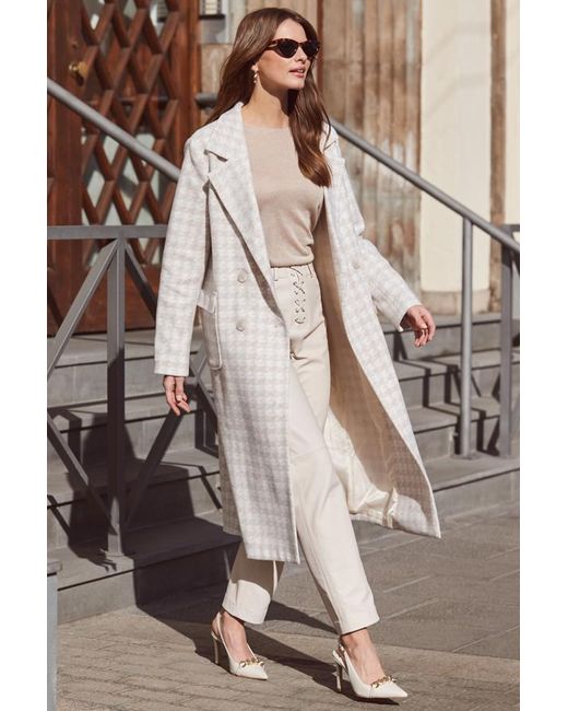 Sosandar Brown Natural Dogtooth Print Longline Coat
