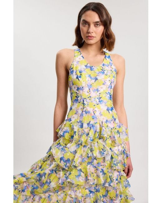 Karen Millen Multicolor Crinkle Georgette Ruffle Detail Woven Maxi Dress Lyocell