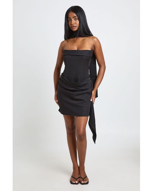 Boohoo Black Corset Detail Drape Side Structured Mini Dress