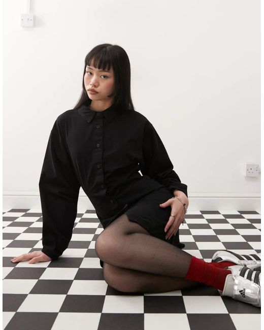 Collusion Black Twill Mini Shirt Dress With Sculpted Sleeve