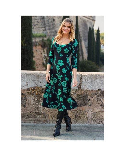 Sosandar Black Floral Print Sweetheart Neckline Midi Jersey Dress