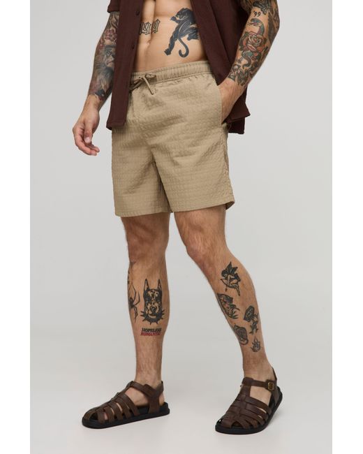 BoohooMAN Natural Mid Length Seersucker Check Swim Short for men