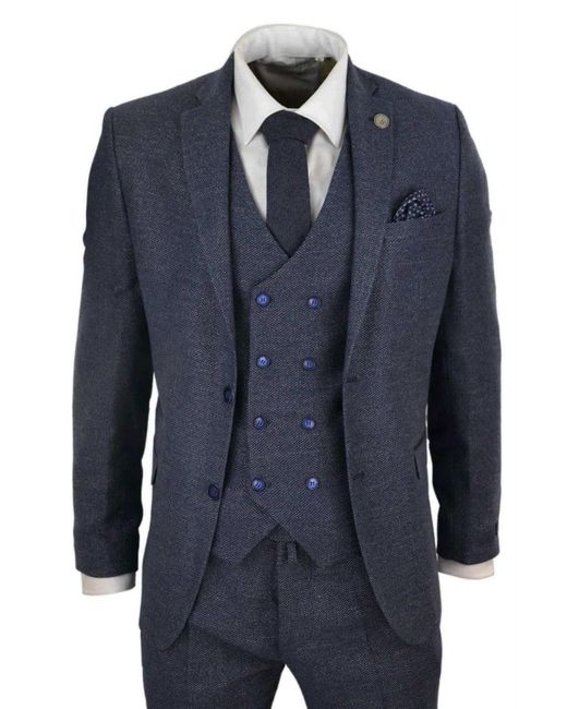 TruClothing Blue Wool 3 Piece Suit Double Breasted Waistcoat Tweed Peaky Blinders 1920S for men