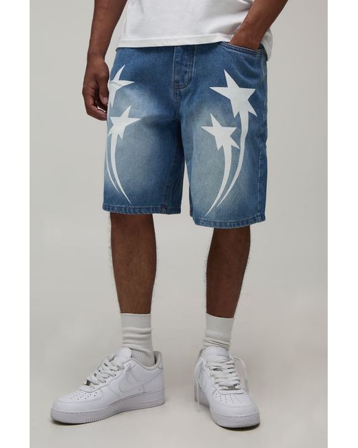 BoohooMAN Blue Relaxed Star Contrast Stitch Denim Shorts for men