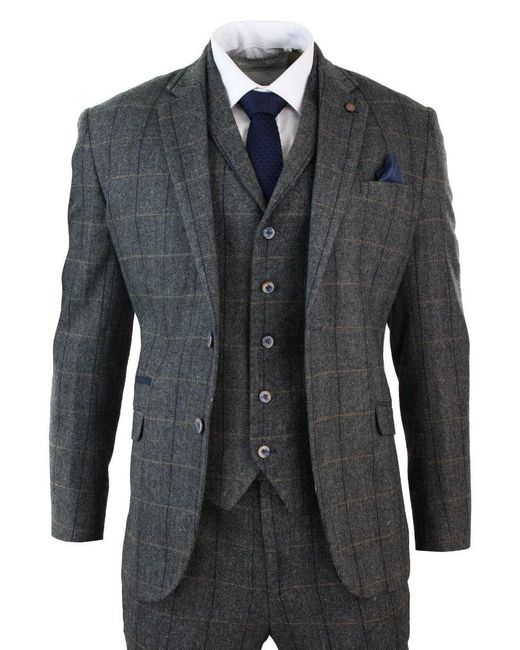 Infinity Leather Black 3 Piece Check Tweed Herringbone Vintage Classic Suit for men