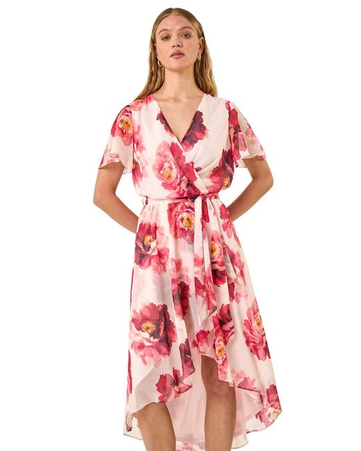 Roman Red Floral Print Midi Wrap Dress