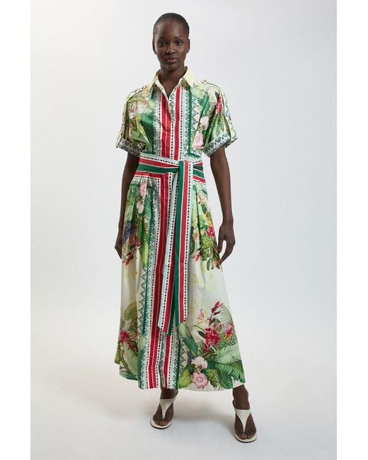 Karen Millen White Cotton Sateen Floral Woven Belted Maxi Shirt Dress