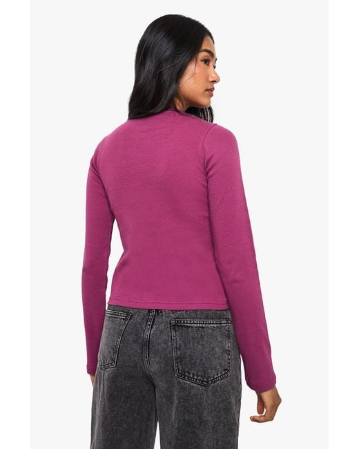 Boohoo Pink Rib Button Through Long Sleeve Top