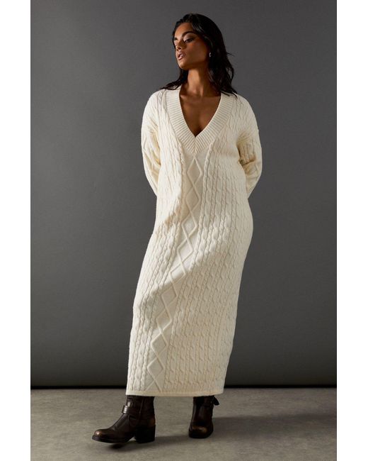 Warehouse Black Cosy Cable Knit V Neck Maxi Jumper Dress