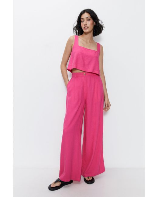 Warehouse Pink Linen Wide Leg Trousers