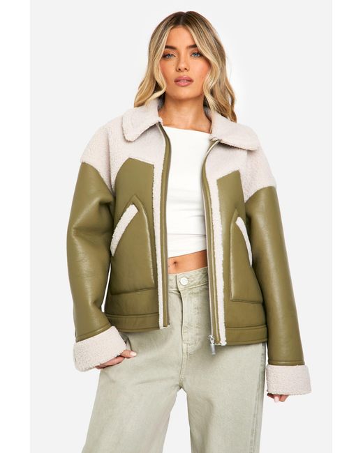 Boohoo Green Faux Leather Teddy Trim Aviator Jacket