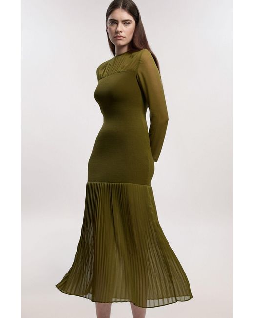 Karen Millen Green Woven Knit Mix Pleated Midi Dress