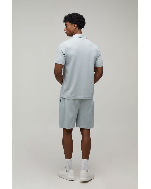 BoohooMAN Gray Regular Fit Waffle Button Neck Pocket Polo & Shorts Set for men