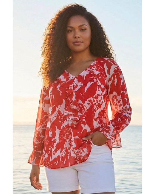 Roman Red Curve Floral Frill Front Top
