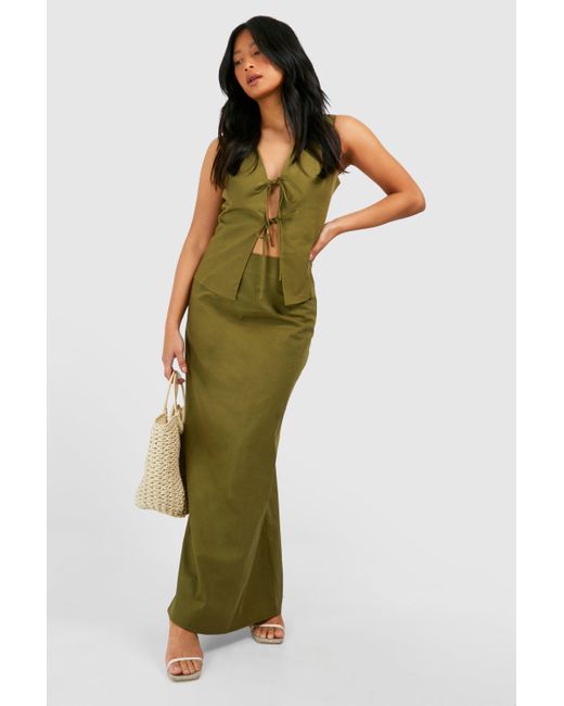 Boohoo Green Petite Linen Blend Maxi Skirt