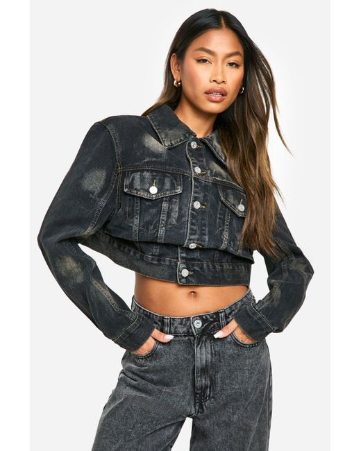 Boohoo Black Waist Detail Distressed Denim Jacket