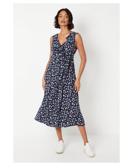 Dorothy Perkins Blue Ditsy Frill Neck Detail Wrap Midi Dress