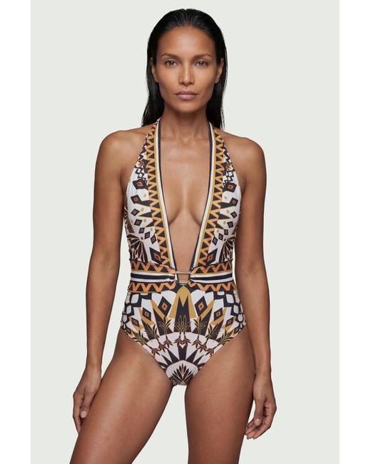Karen Millen Natural Tile Print Plunge Swimsuit