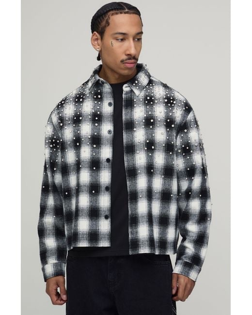 BoohooMAN Gray Oversized Boxy Jewel Rhinestone Check Shirt for men