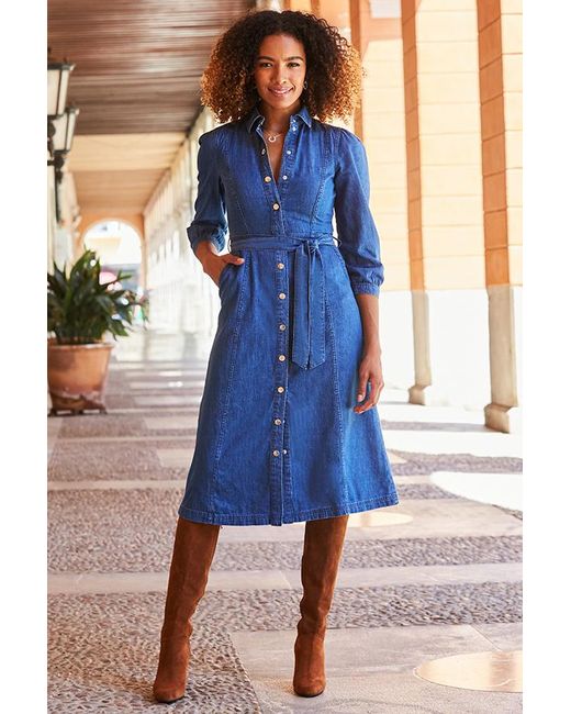 Sosandar Blue Mid Popper Front Belted Denim Midi Dress
