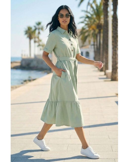 Roman Green Button Detail Tiered Midi Dress