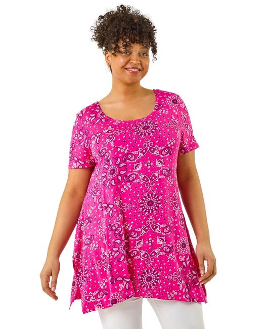 Roman Pink Curve Paisley Back Bar Stretch Tunic Top