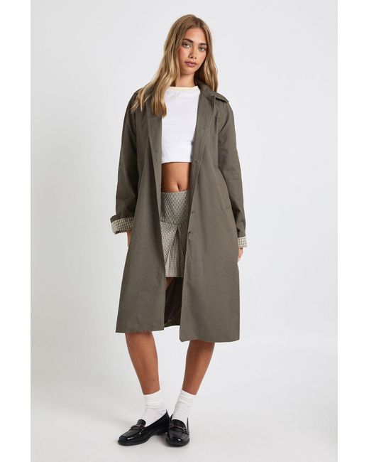 Boohoo Gray Check Cuff Detail Collared Trench Coat