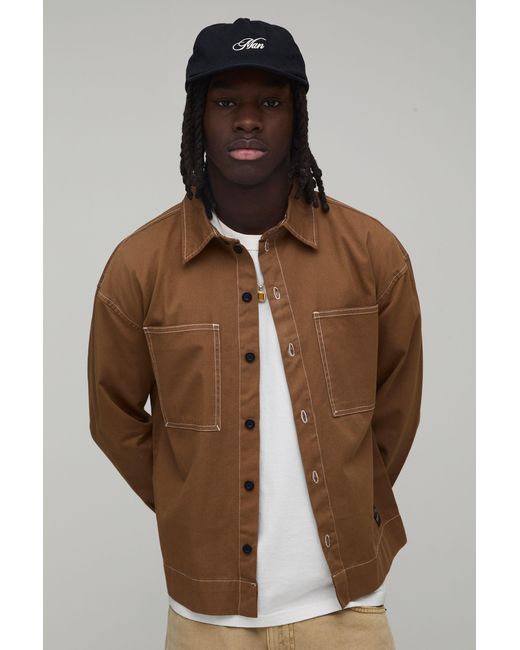 BoohooMAN Brown Regular Fit Contrast Stitch Twill Boxy Overshirt for men