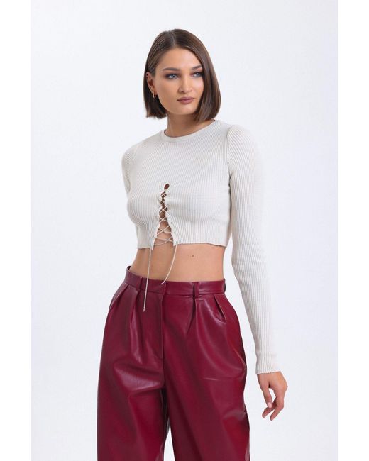Hiccup Red Crew Neck Knitted Lace Up Cropped Blouse