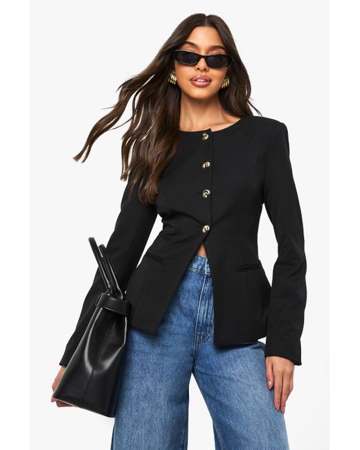 Boohoo Black Trim Collarless Tailored Blazer