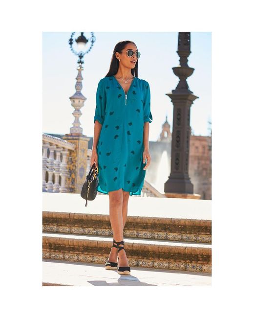Sosandar Blue Green Dandelion Print Zip Front Shift Dress Viscose