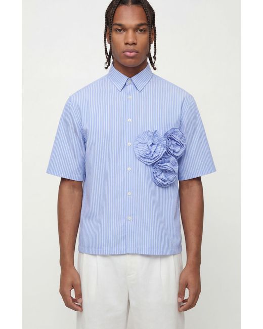 BoohooMAN Blue Boxy Crop 3D Floral Stripe Shirt for men