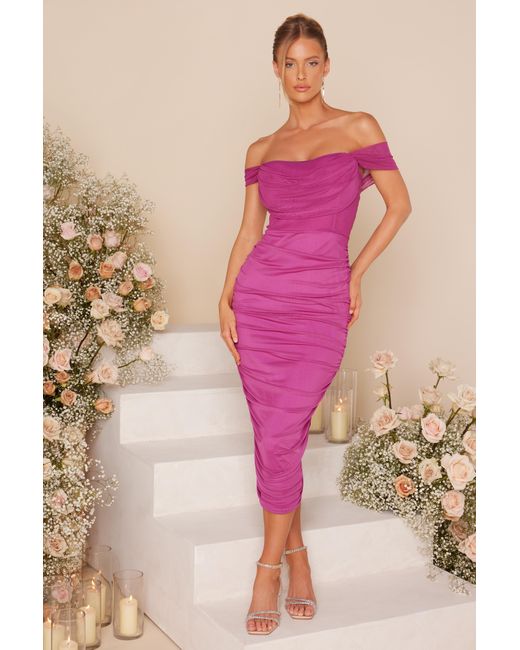 Quiz Pink Raspberry Mesh Bardot Ruched Midi Dress