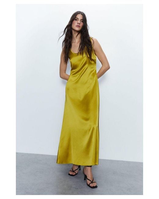 Warehouse Yellow Scoop Neck Satin Midi Slip Dress