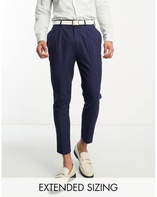 ASOS Blue Smart Tapered Linen Mix Trousers for men
