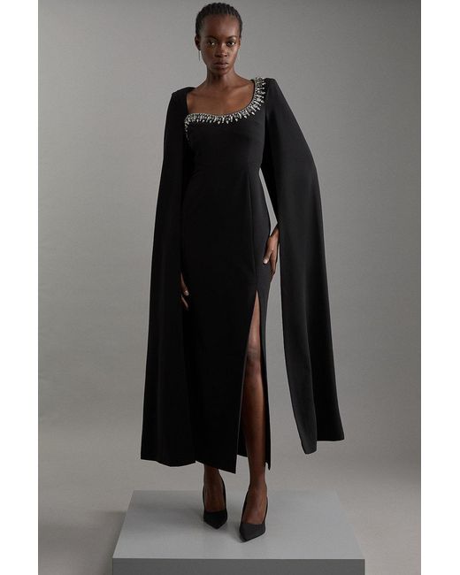 Karen Millen Black Petite Crystal Embellished Viscose Crepe Woven Cape Maxi Dress