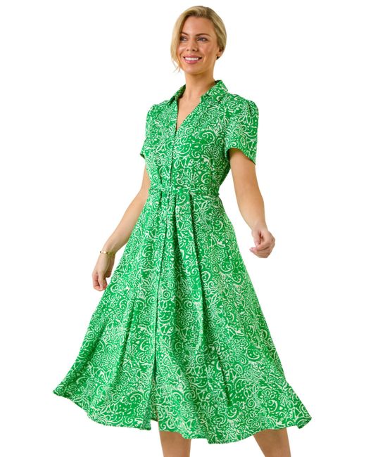 Roman Green Petite Abstract Print Button Shirt Dress