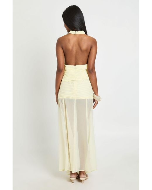 Boohoo Natural Chiffon Ruched Halterneck Top And Maxi Skirt Co-Ord