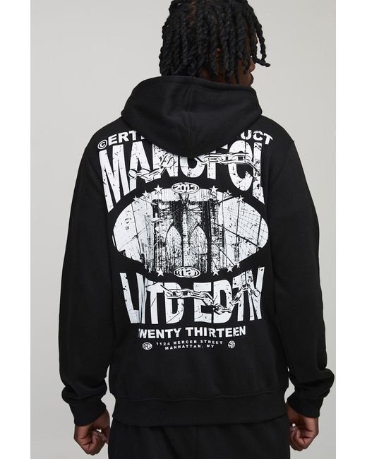 BoohooMAN Black Tall Regular Fit Brooklyn Bridge Zip Through Hoodie for men