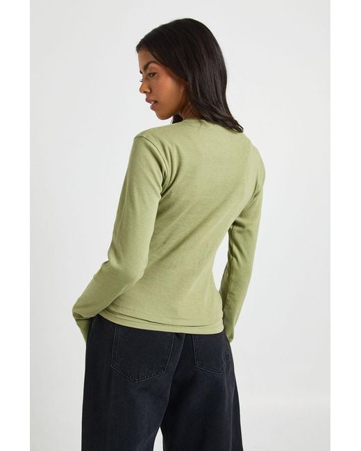 Boohoo Green Ribbed Double Layer Button Through Top
