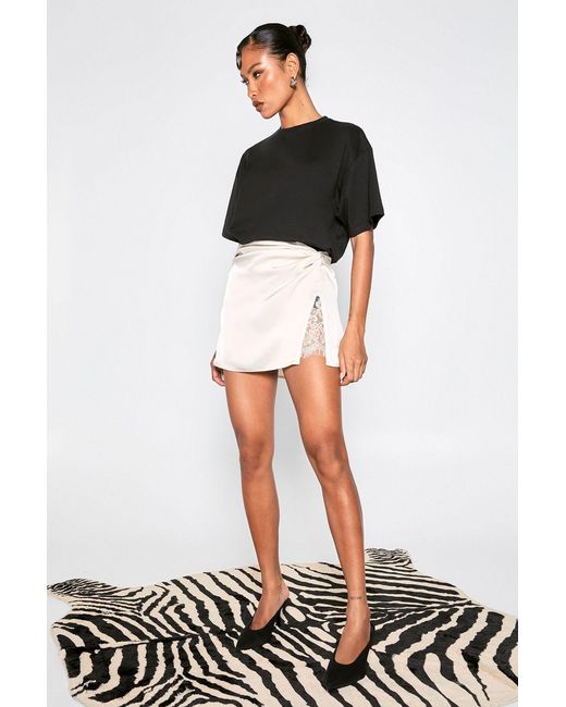 Boohoo White Lace Insert Satin Mini Skirt