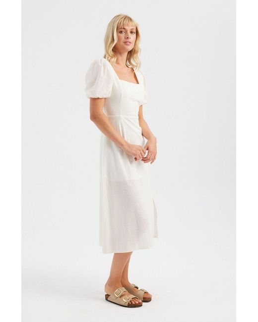 Hiccup White Cotton Square Neck Short Sleeve Midi Dress