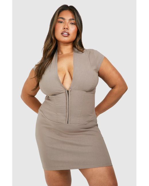 Boohoo Brown Plus Corset Hook And Eye Bodycon Dress