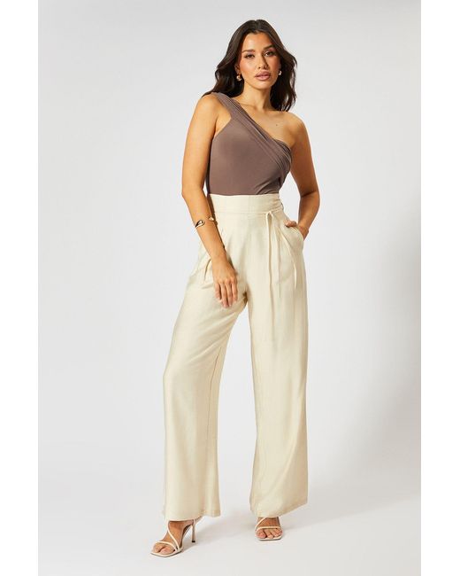 MissPap Natural Linen Look Wide Leg Paper Bag Waist Trousers