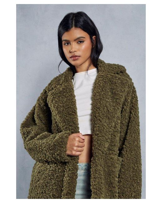 MissPap Green Longline Oversized Collar Teddy Fur Coat