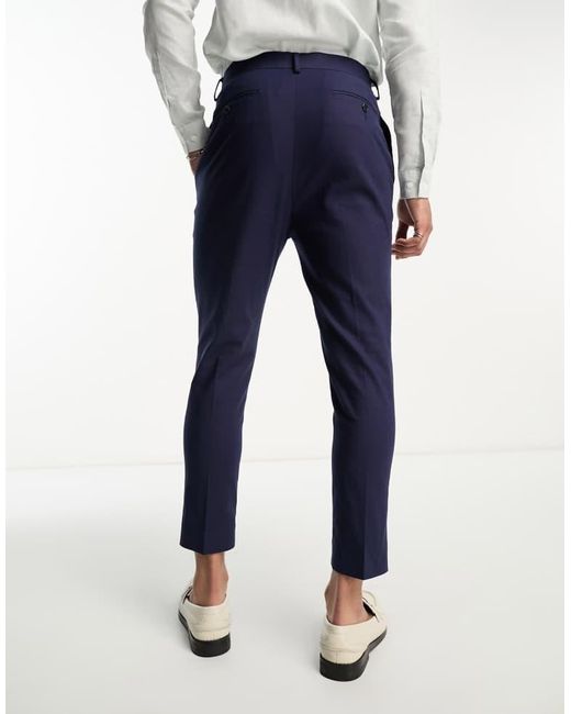 ASOS Blue Smart Tapered Linen Mix Trousers for men