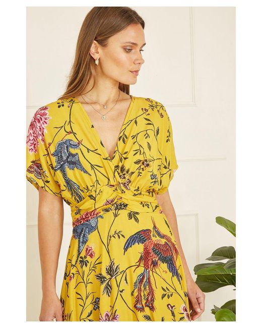 Yumi' Yellow Viscose Bird And Floral Print Ruched Waist Midi Dress